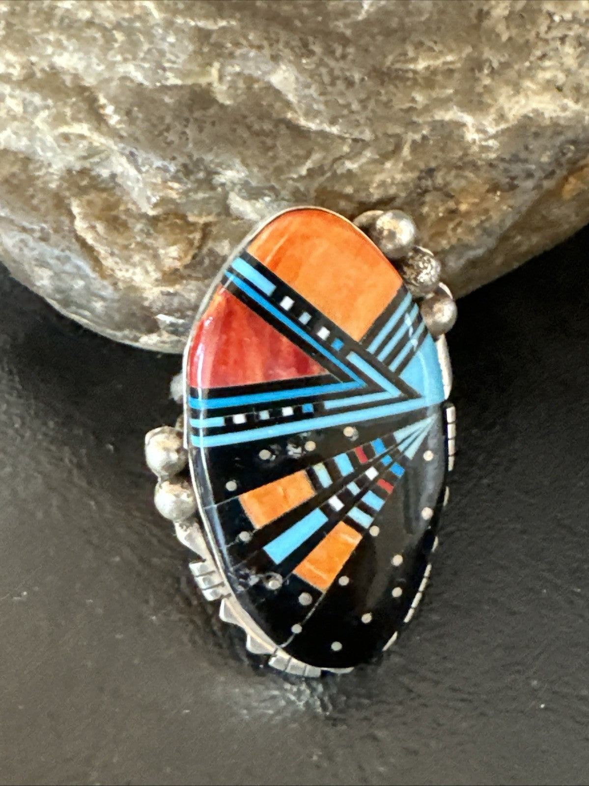 Onyx Turquoise Spiny Navajo Cosmic Inlay Sterling Silver Ring Size 10 19783