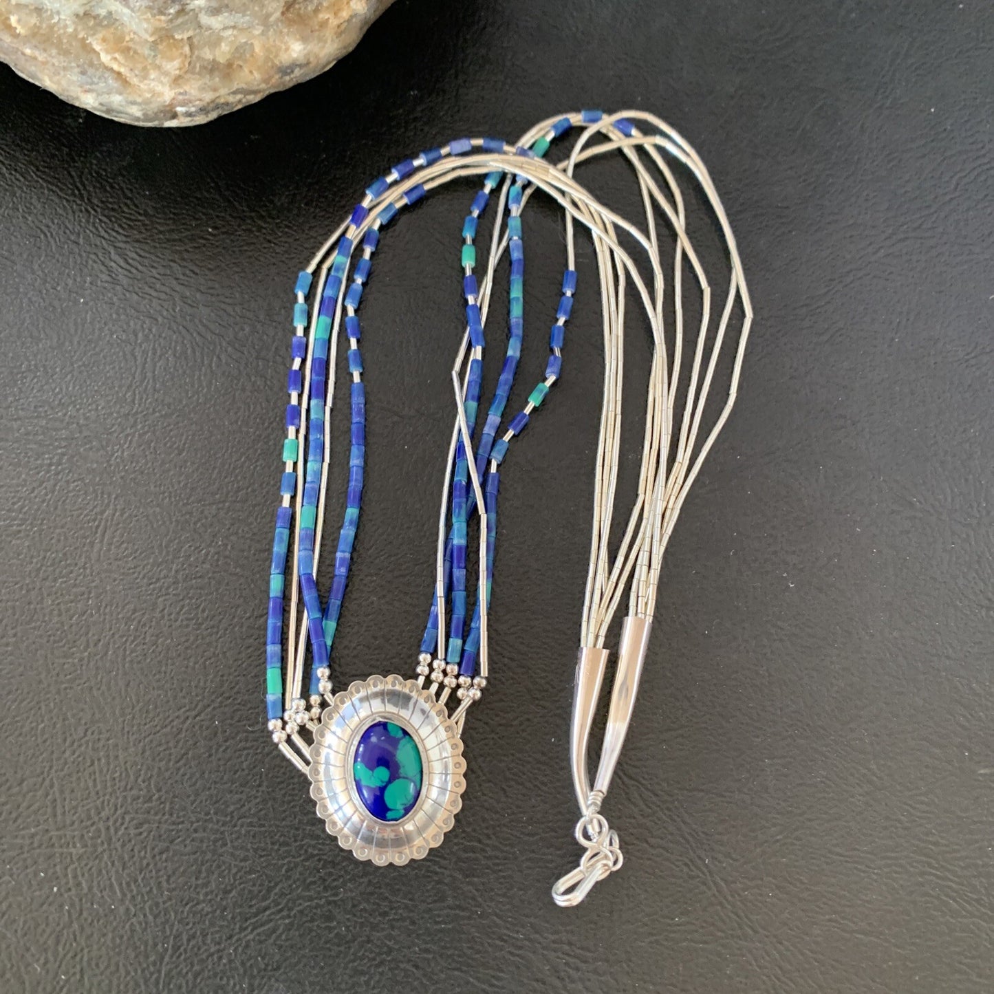 Blue Azurite Pendant Stabilized Heishi 5 Stands Sterling Silver Necklace 10353