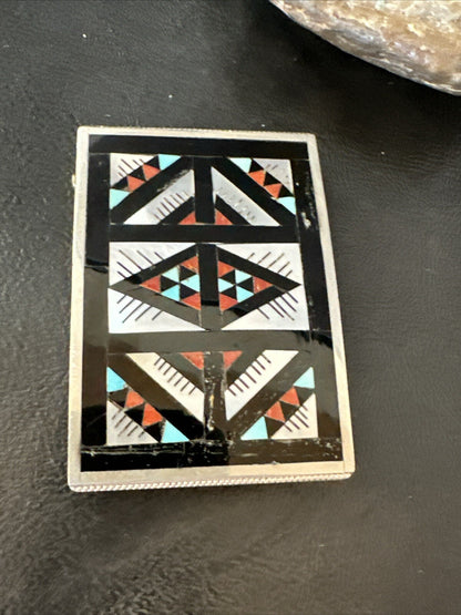 Zuni Black Onyx Belt Buckle Ranger Set Turquoise MOP Coral Sterling Silver 18141