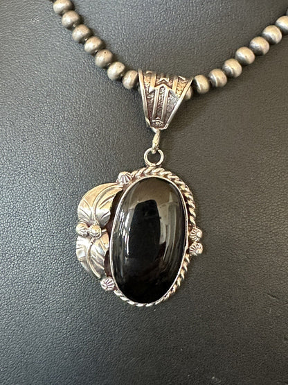 Mens Womens Black Onyx Pendant Navajo Sterling Silver Beads Necklace 18314