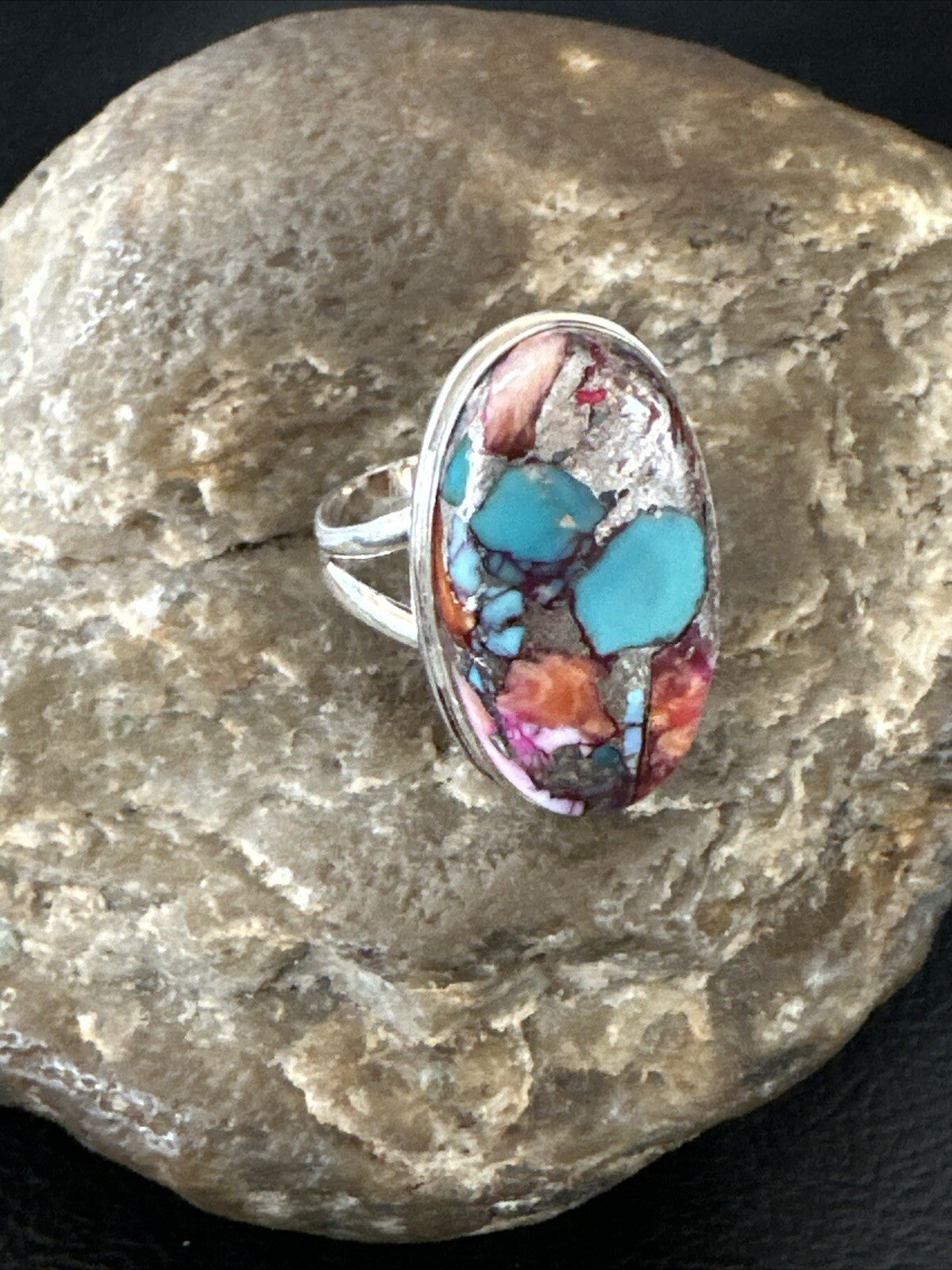 Blue Turquoise Purple Spiny Oyster Navajo Sterling Silver Ring Size 10 18206