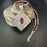H Joe Purple Spiny Oyster Pendant Navajo Necklace | Sterling Silver | Authentic Native American Handmade | 19483