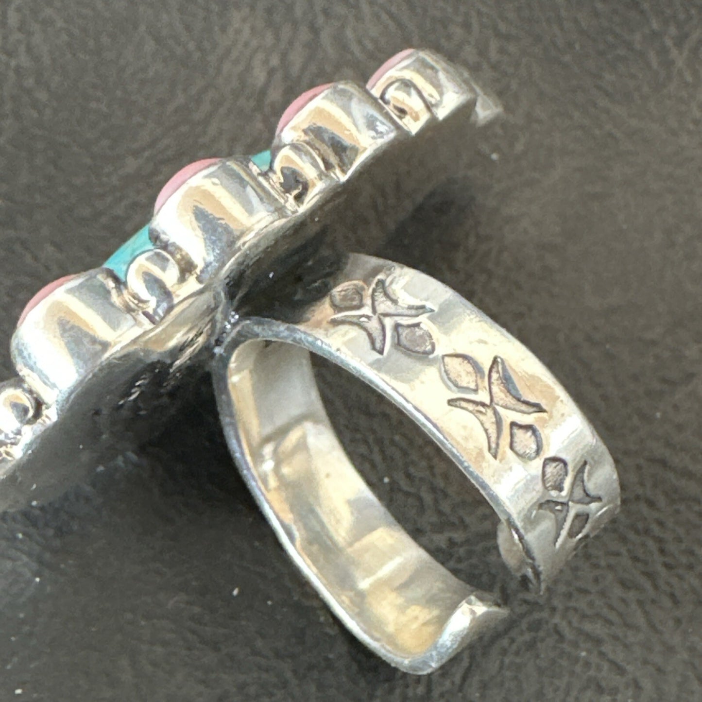 Cluster Ring Handmade Navajo Pink Conch Turquoise Sz 7 18789