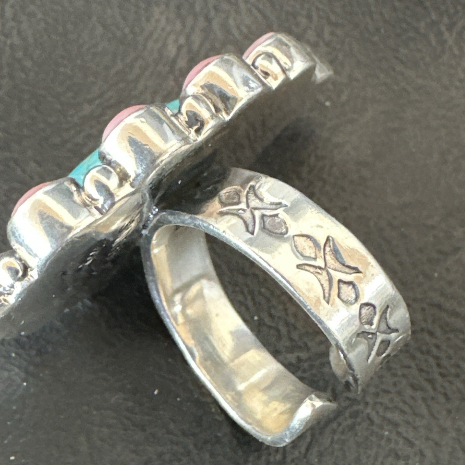 Cluster Ring Handmade Navajo Pink Conch Turquoise Sz 7 18789