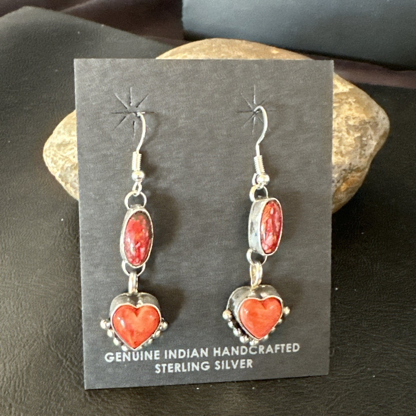 Yazzie Red Heart Spiny Oyster Navajo Sterling Silver Dangle Earrings 19797