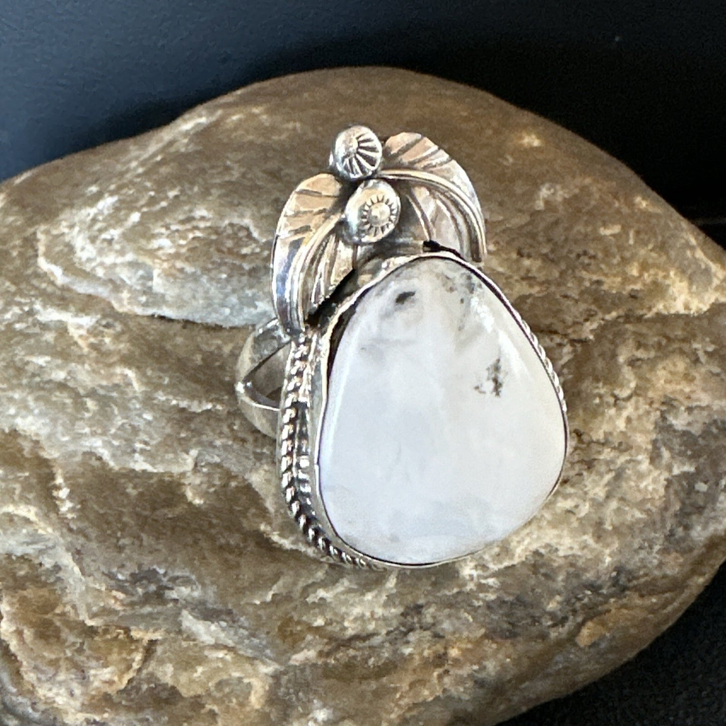Mens Womens White Buffalo Turquoise Navajo Sterling Silver Ring Size 9 18100