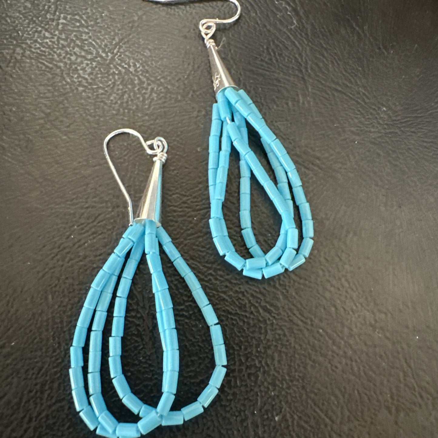 Blue Turquoise 3 Strand Sterling Silver Heishi Dangle 2” Earrings 18196