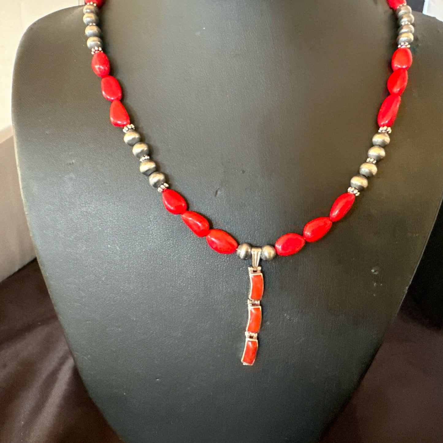 Red Coral Pendant Navajo Pearls Sterling Silver Necklace 23" 18363