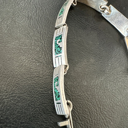 Taxco Turquoise Chip Inlay Sterling Silver Choker Old Pawn Bracelet 7” 19795