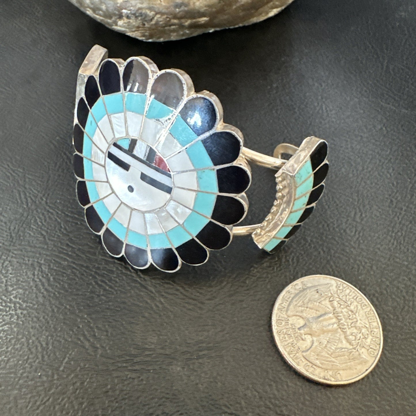 Old Pawn Sunface Turquoise Zuni Sterling Silver Onyx Bracelet 6.75” 19128