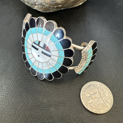 Old Pawn Sunface Turquoise Zuni Sterling Silver Onyx Bracelet 6.75” 19128