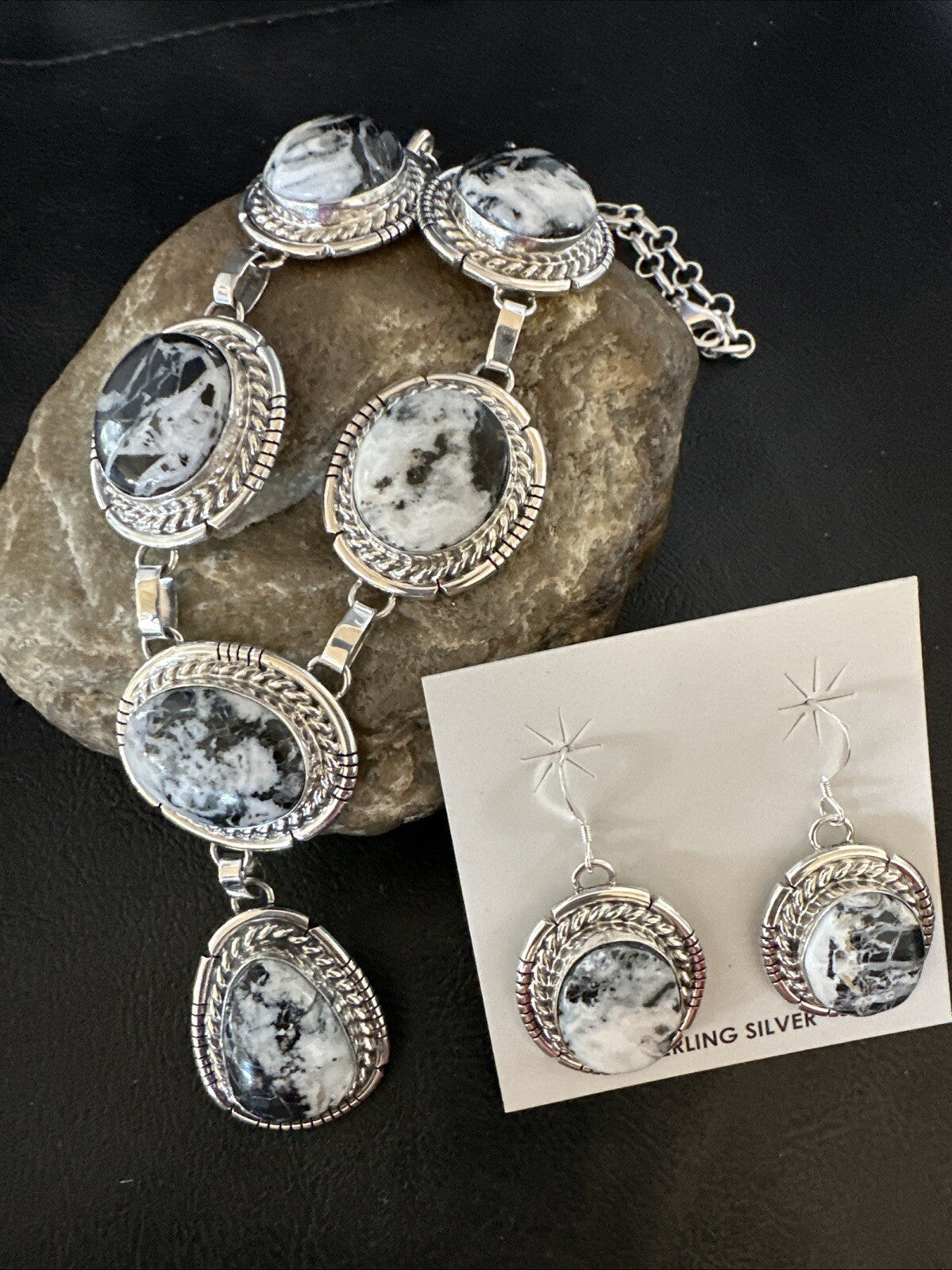 Women White Buffalo Turquoise Necklace Earrings Sterling Silver 19” 18605