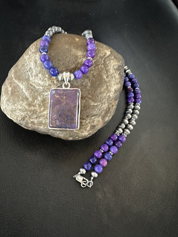 Purple Stone Turquoise Pendant Navajo Pearls Necklace | Sterling Silver | Authentic Native American Handmade | 18384