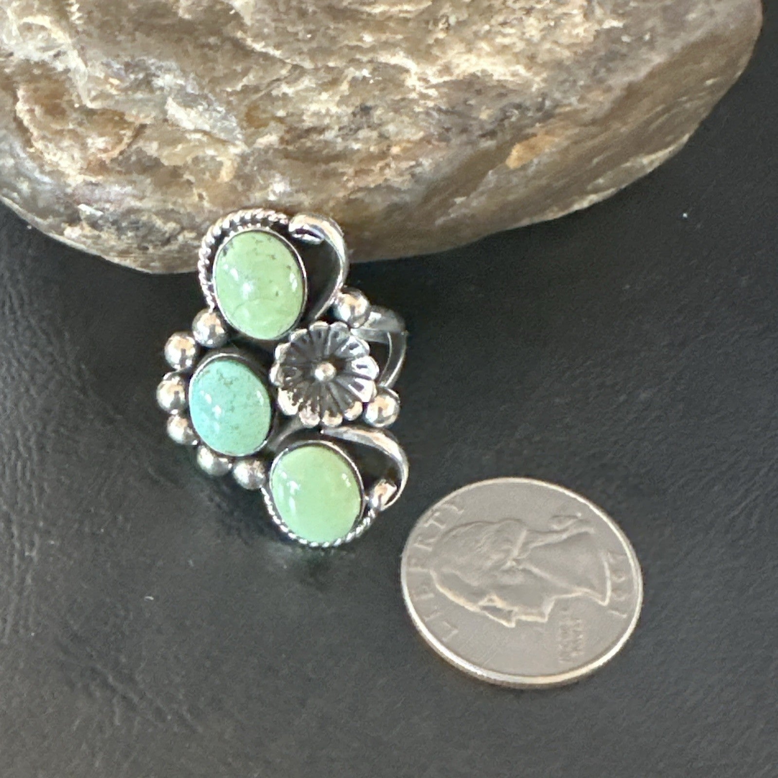 Yazzie Ring Green Turquoise Navajo Sterling Silver Cluster Size 9 19210