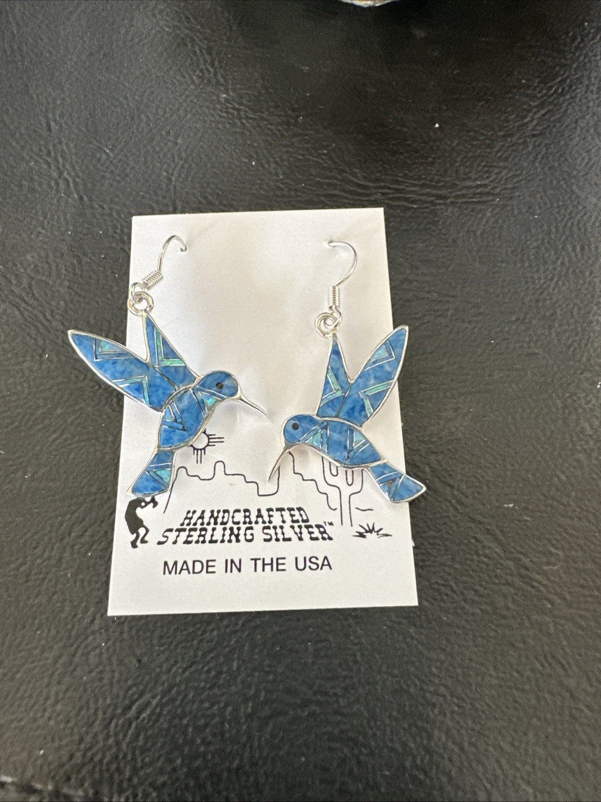 Blue Denim Lapis Opal Sterling Silver Hummingbird Dangle Earrings 19142