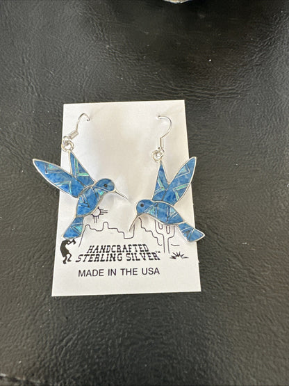 Blue Denim Lapis Opal Sterling Silver Hummingbird Dangle Earrings 19142