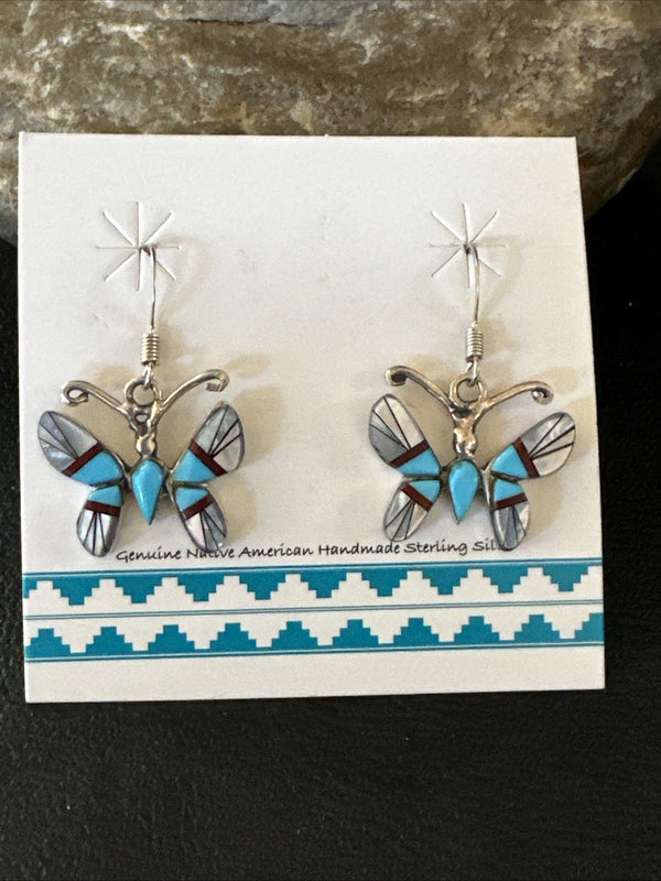 Butterfly Multicolor Turquoise MOP Inlay Earrings | Sterling Silver | Authentic Native American Handmade | 19816