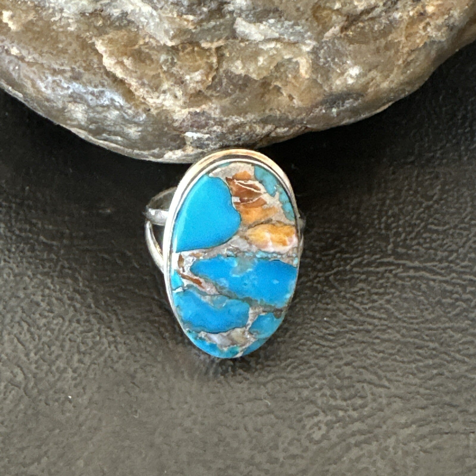 Blue Turquoise Spiny Oyster Southwestern Sterling Silver Ring Size 7 18443