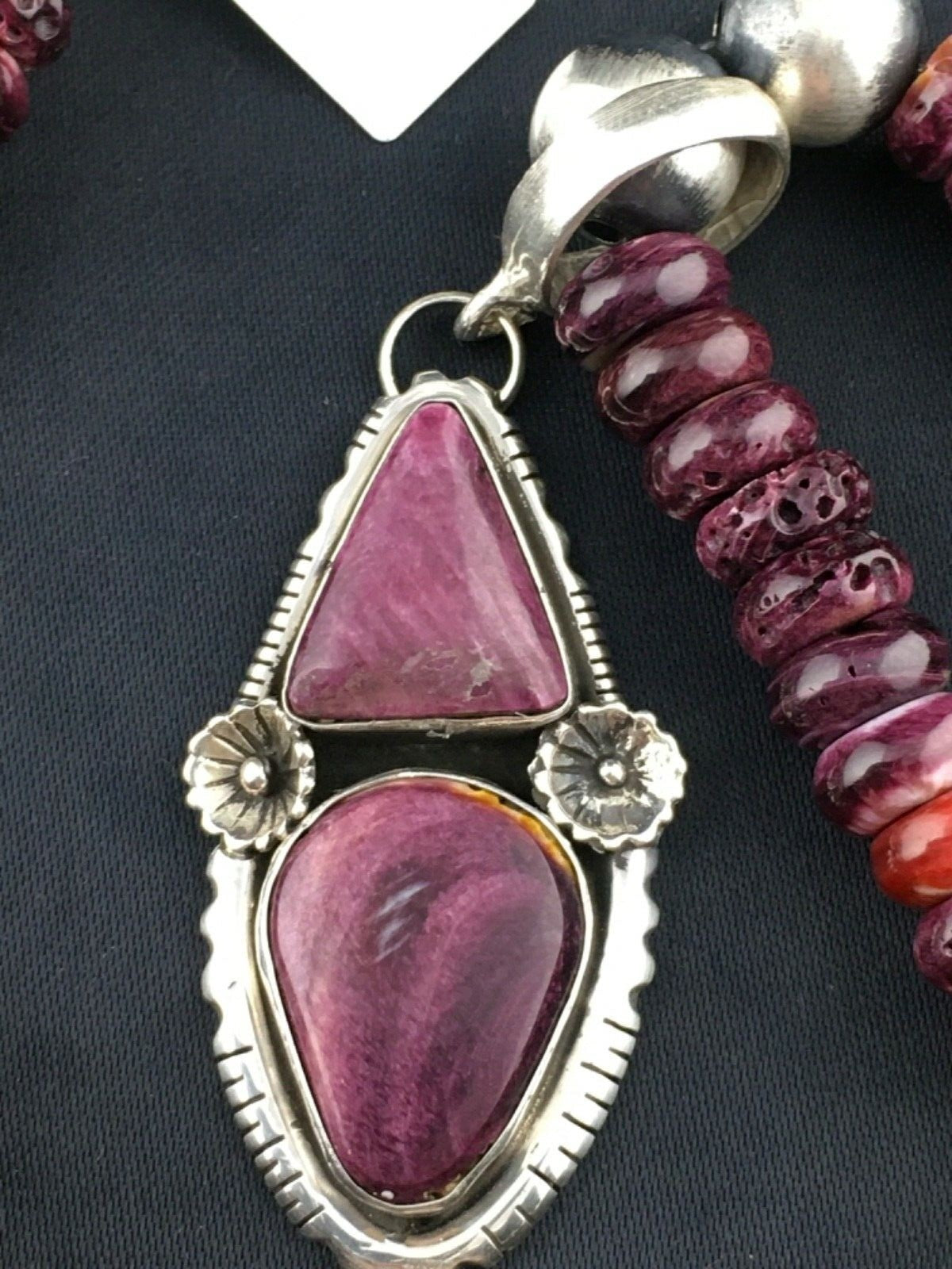 Purple Spiny Oyster Pendant Navajo Sterling Silver Beads Necklace 08175