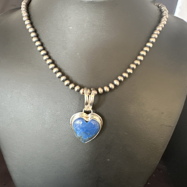 Blue Heart Lapis Pendant Navajo Beads Necklace | Sterling Silver | Authentic Native American Handmade | 15018
