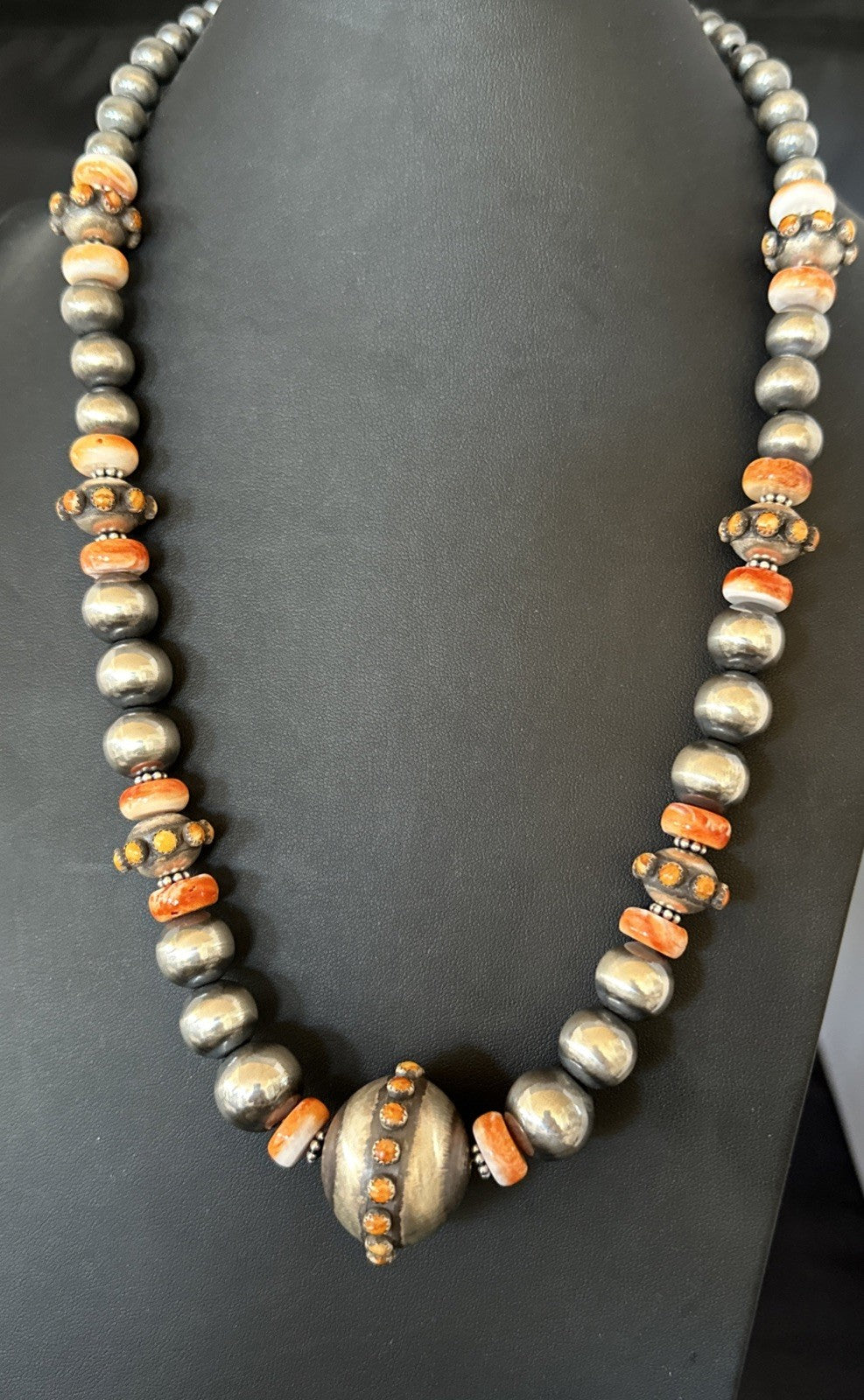 XL Orange Spiny Oyster Navajo Pearls Graduated Sterling Bead Necklace 25" 19610