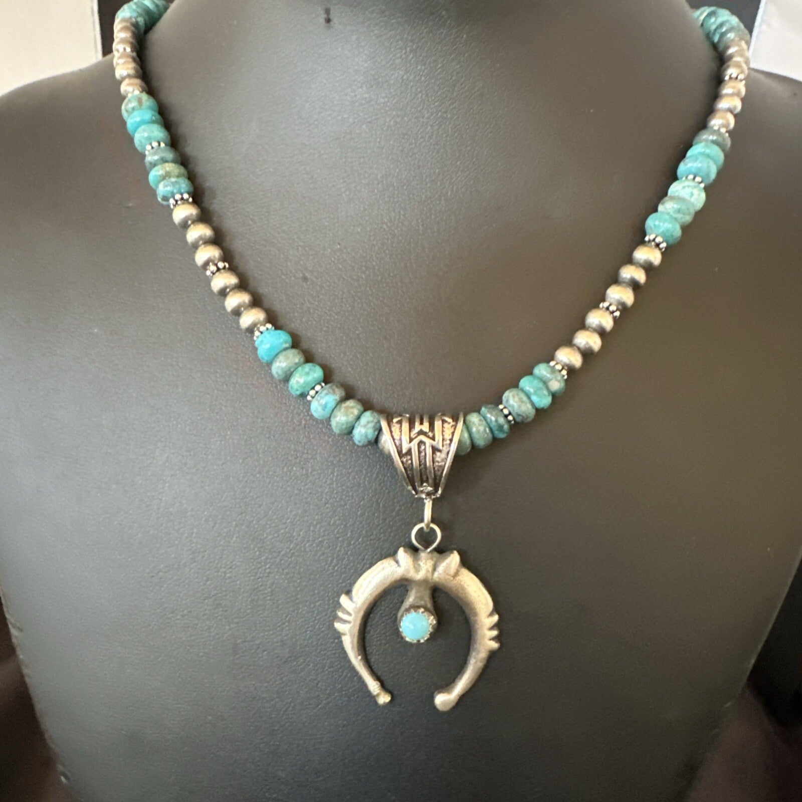 Blue Turquoise Naja Pendant 6mm Beads Navajo Sterling Silver Necklace 21" 18674