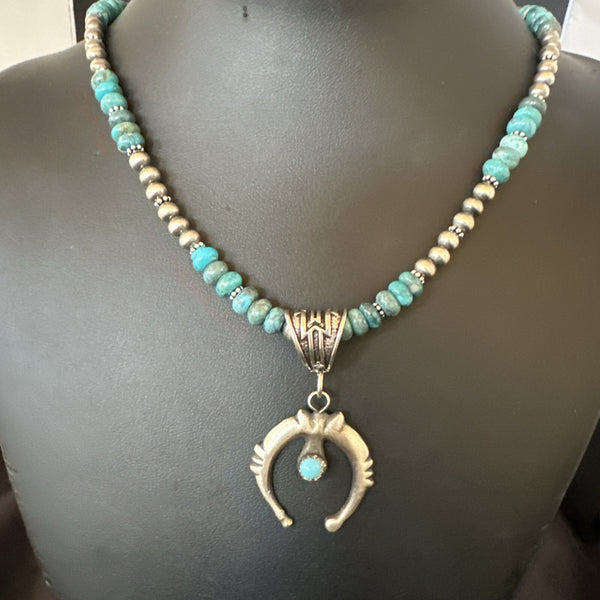 Blue Turquoise Naja Pendant 6mm Beads Navajo Necklace 21" | Sterling Silver | Authentic Native American Handmade | 18674