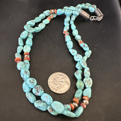 Spiny Oyster Nacosari Turquoise 2S Navajo Sterling Silver Necklace 19" 17785