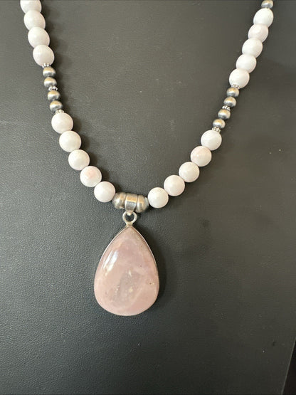 Southwestern Sterling Silver Pink Queen Conch Bead Necklace Pendant 20" 19583