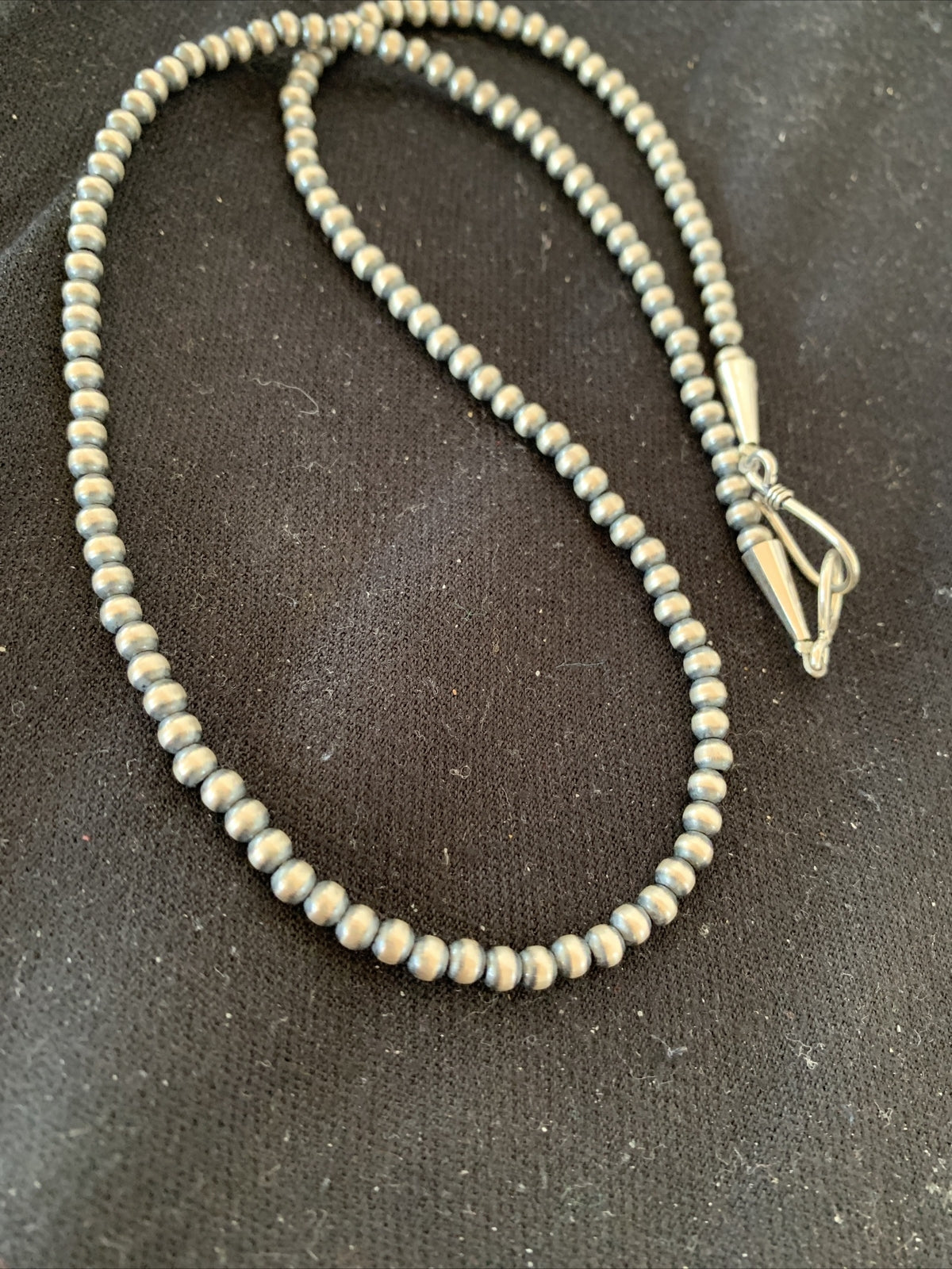 Native American 4mm Sterling Silver Beads Navajo 18" Hook & Eye Cone Necklace