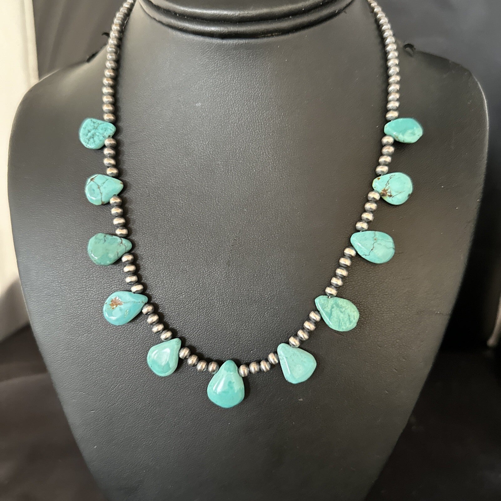 20in Teardrop Navajo Pearls Sterling Silver Blue Turquoise Necklace 14733