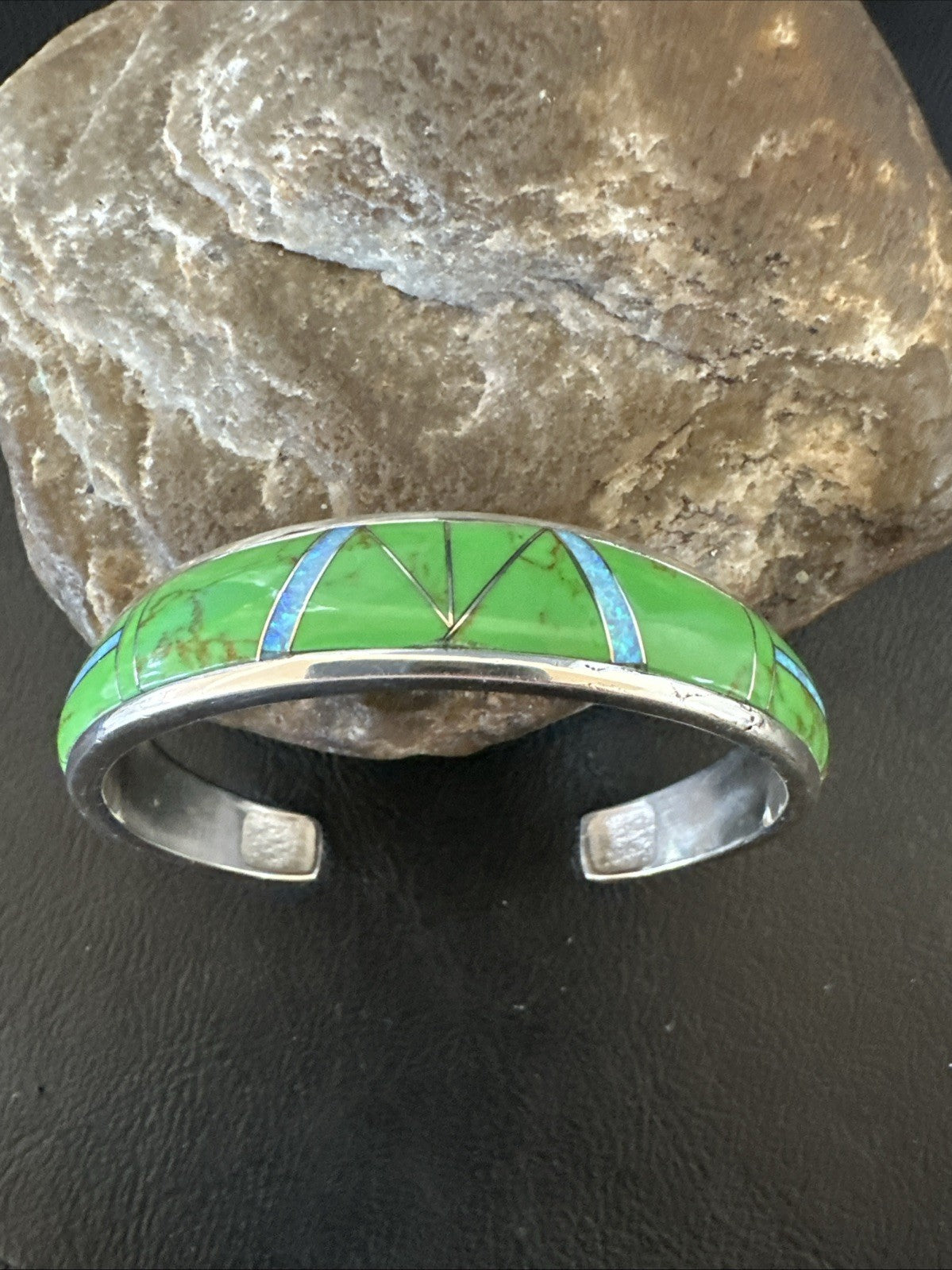 Womens Green Gaspeite Inlay Cuff Bracelet 7.05” Sterling Silver 19153