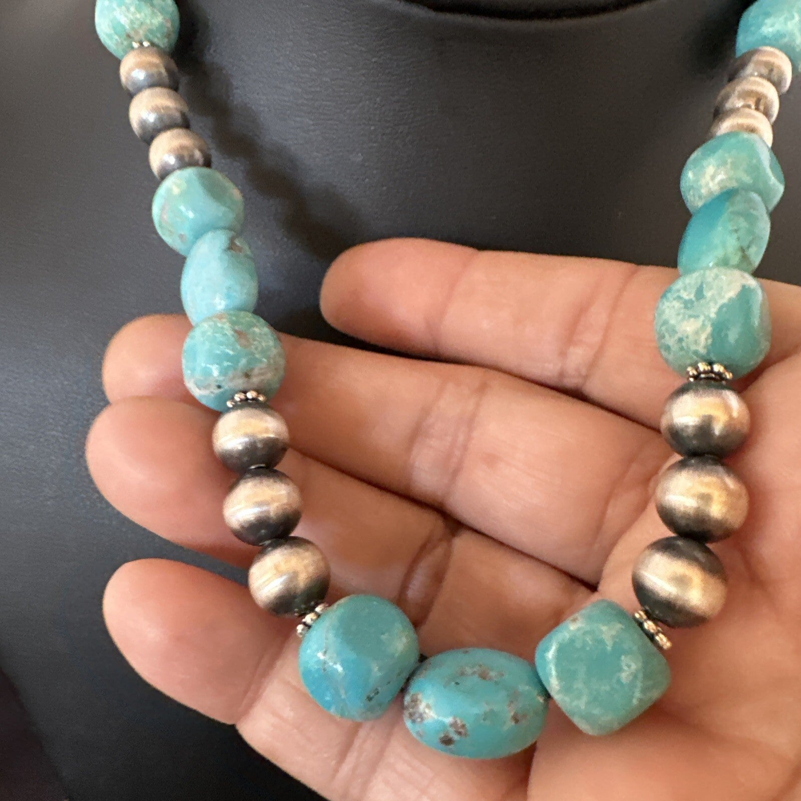 WoMens Blue Turquoise Nugget Navajo Pearls Sterling Silver Necklace 93416