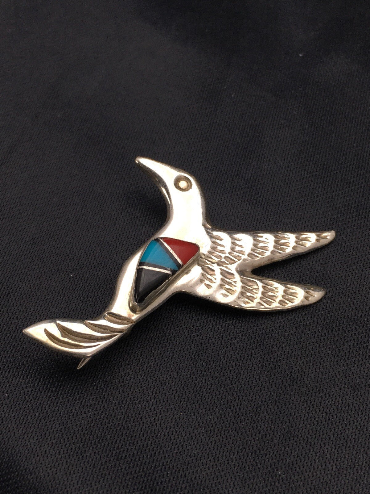 Turquoise & Coral Hummingbird Navajo Sterling Silver Pin 02899