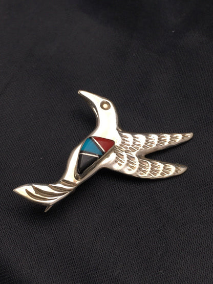 Turquoise & Coral Hummingbird Navajo Sterling Silver Pin 02899