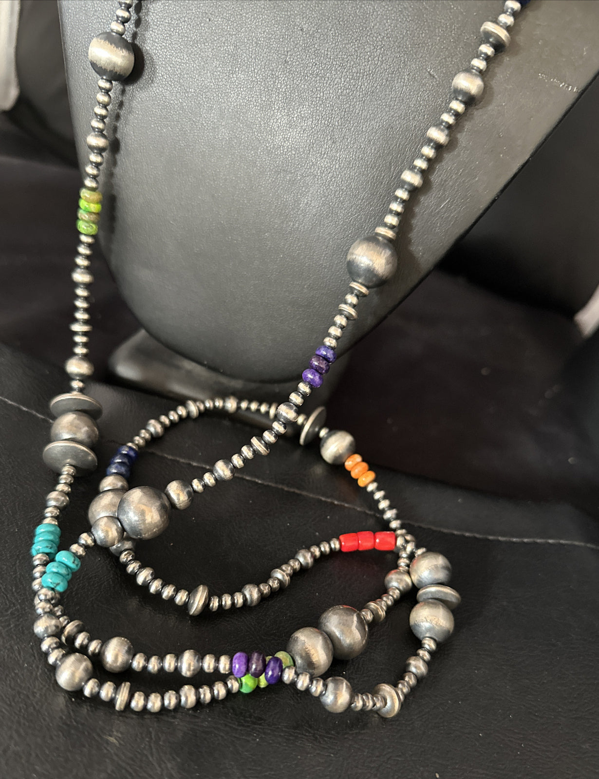 Turquoise Coral & Spiny Oyster Navajo Pearls Sterling Silver Bead Necklace 48"