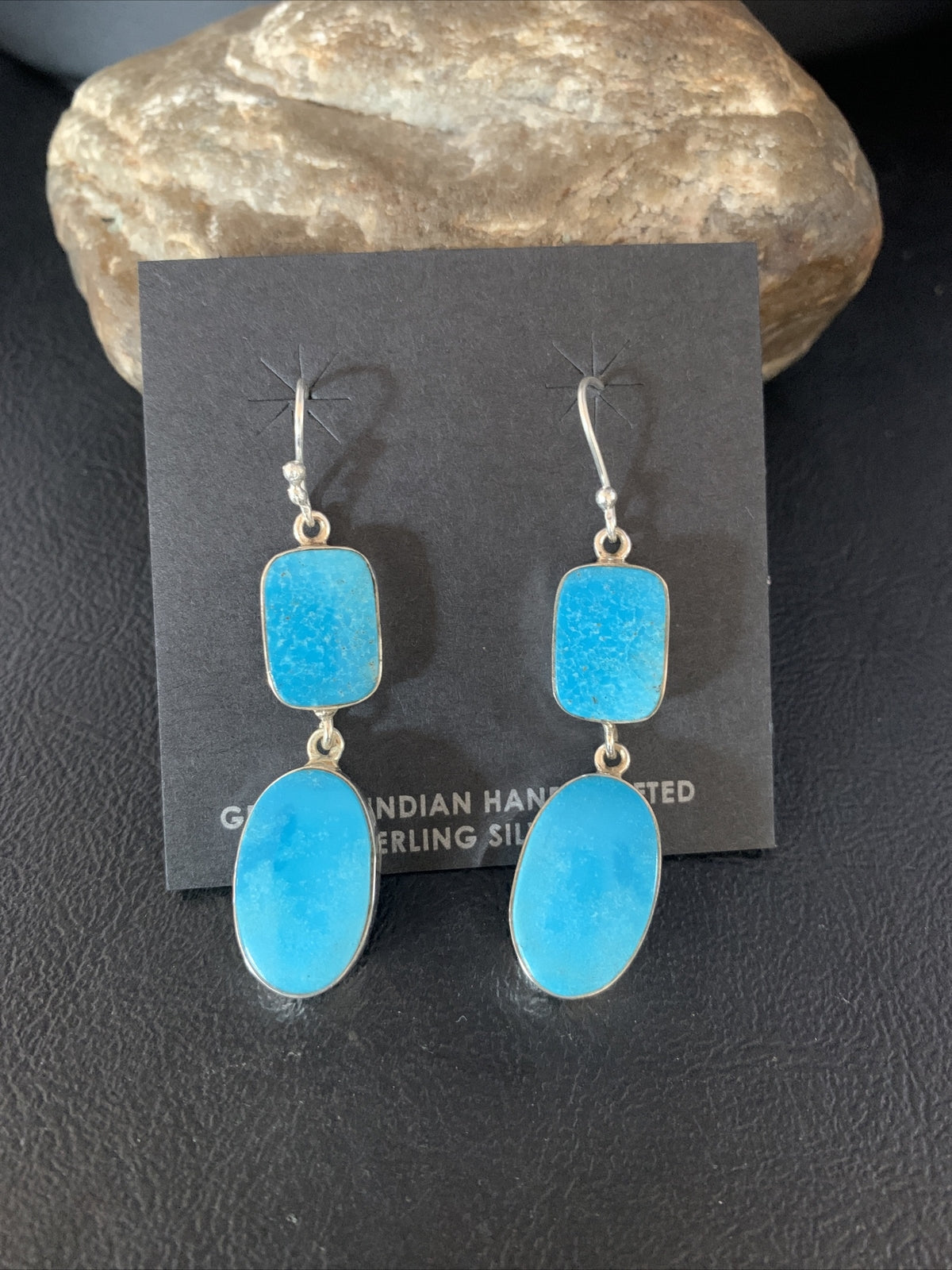 Blue Kingman Turquoise Navajo Sterling Silver Dangle Earrings 14079