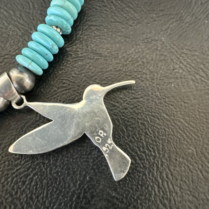 Blue Turquoise Opal HummingBird Inlay Pendant Navajo Sterling Necklace 19500