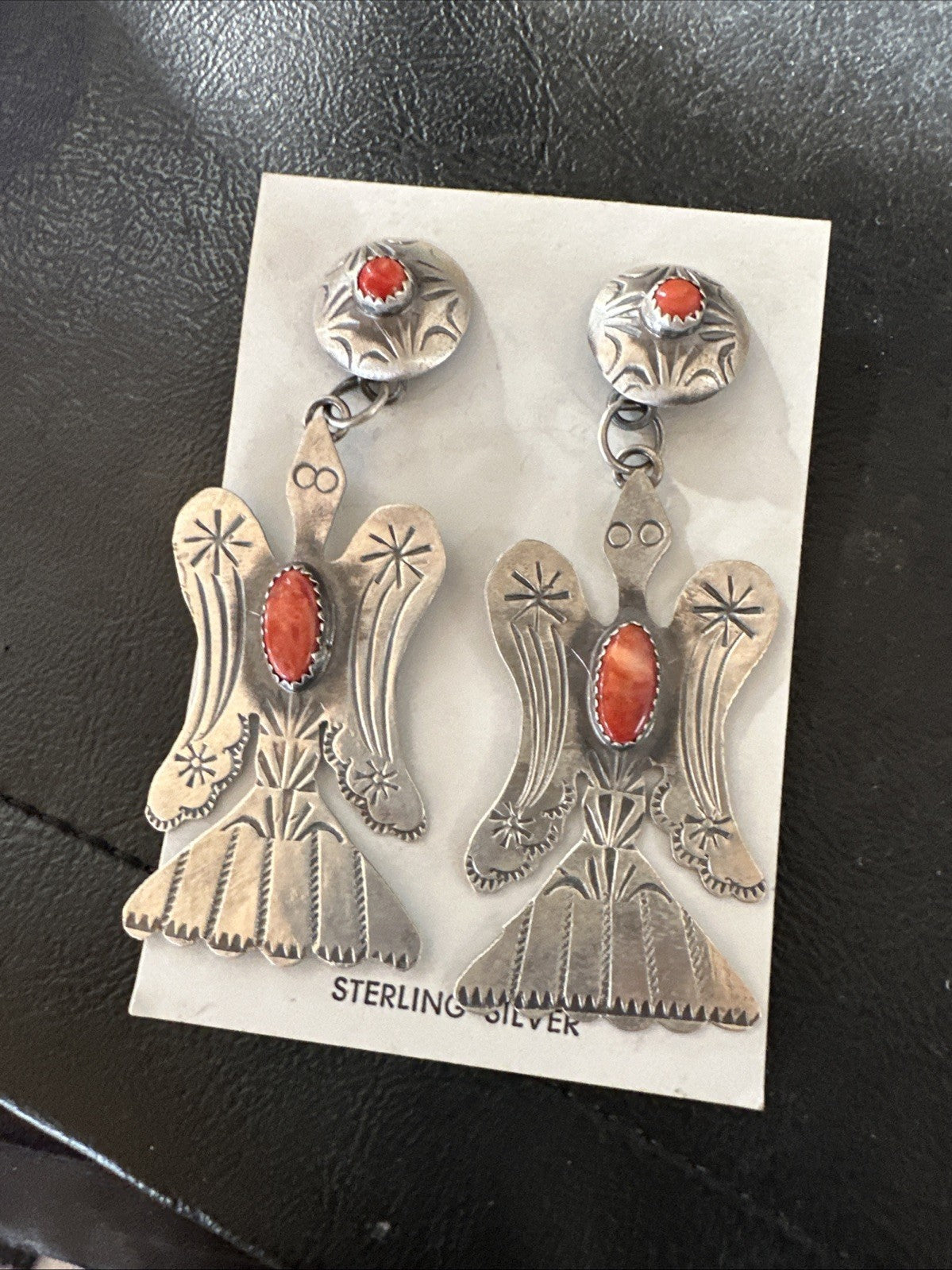 Thunderbird Navajo Womens Stamped Spiny Dangle Earrings Sterling Silver 19787