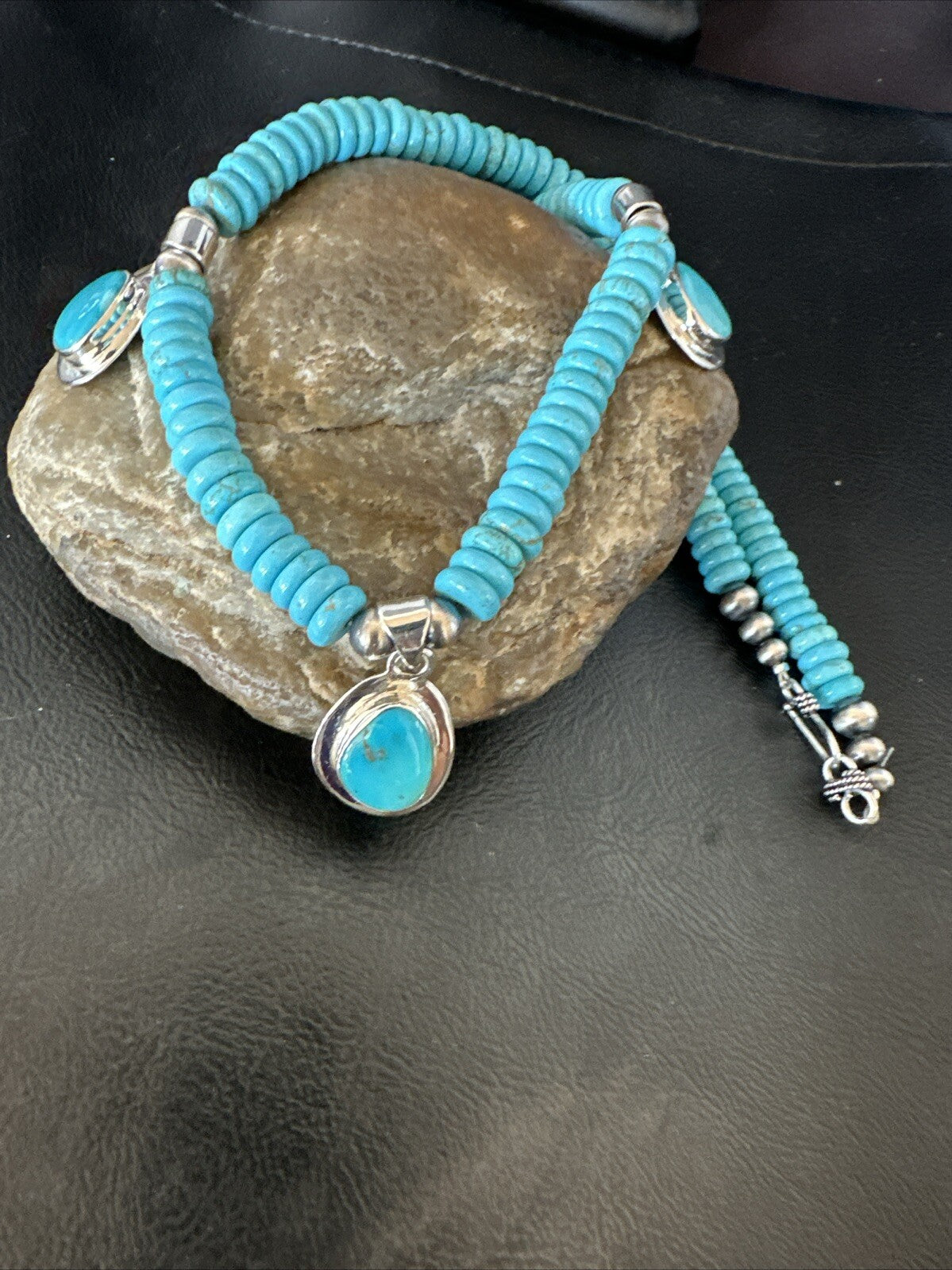 WoMens Blue Kingman Turquoise Pendants Navajo Sterling Silver Necklace 19” 18166
