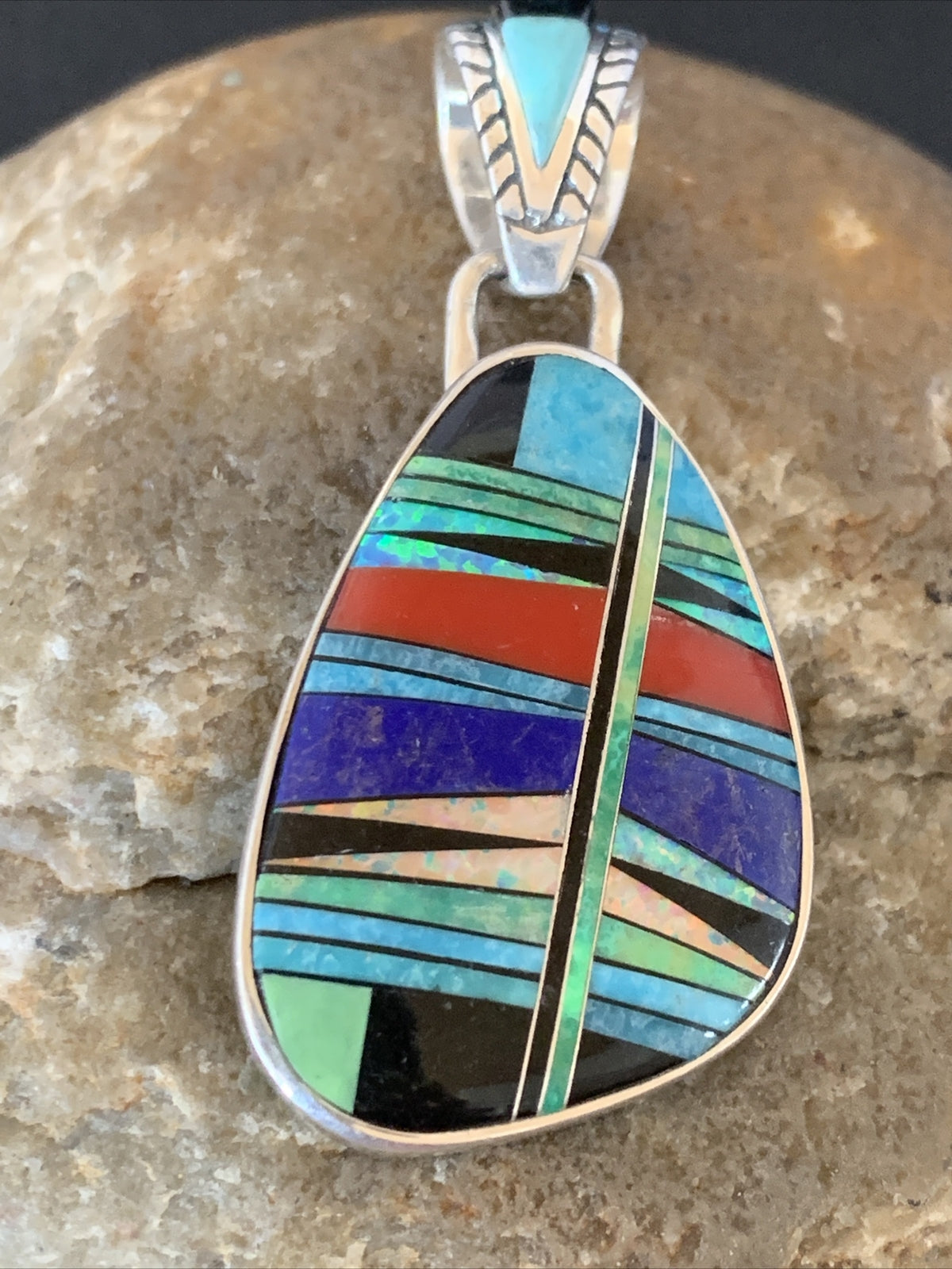 Womens Blue Turquoise Coral & Opal Navajo Sterling Silver Inlay Pendant 12493
