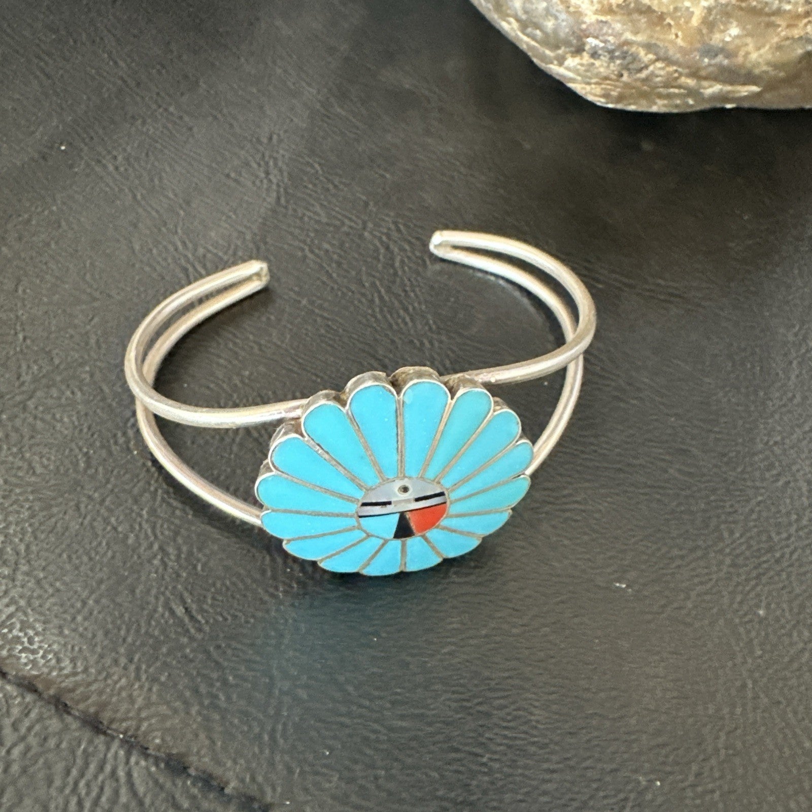 Old Pawn Sunface Turquoise Zuni Sterling Silver Onyx Bracelet 6.5” 19129
