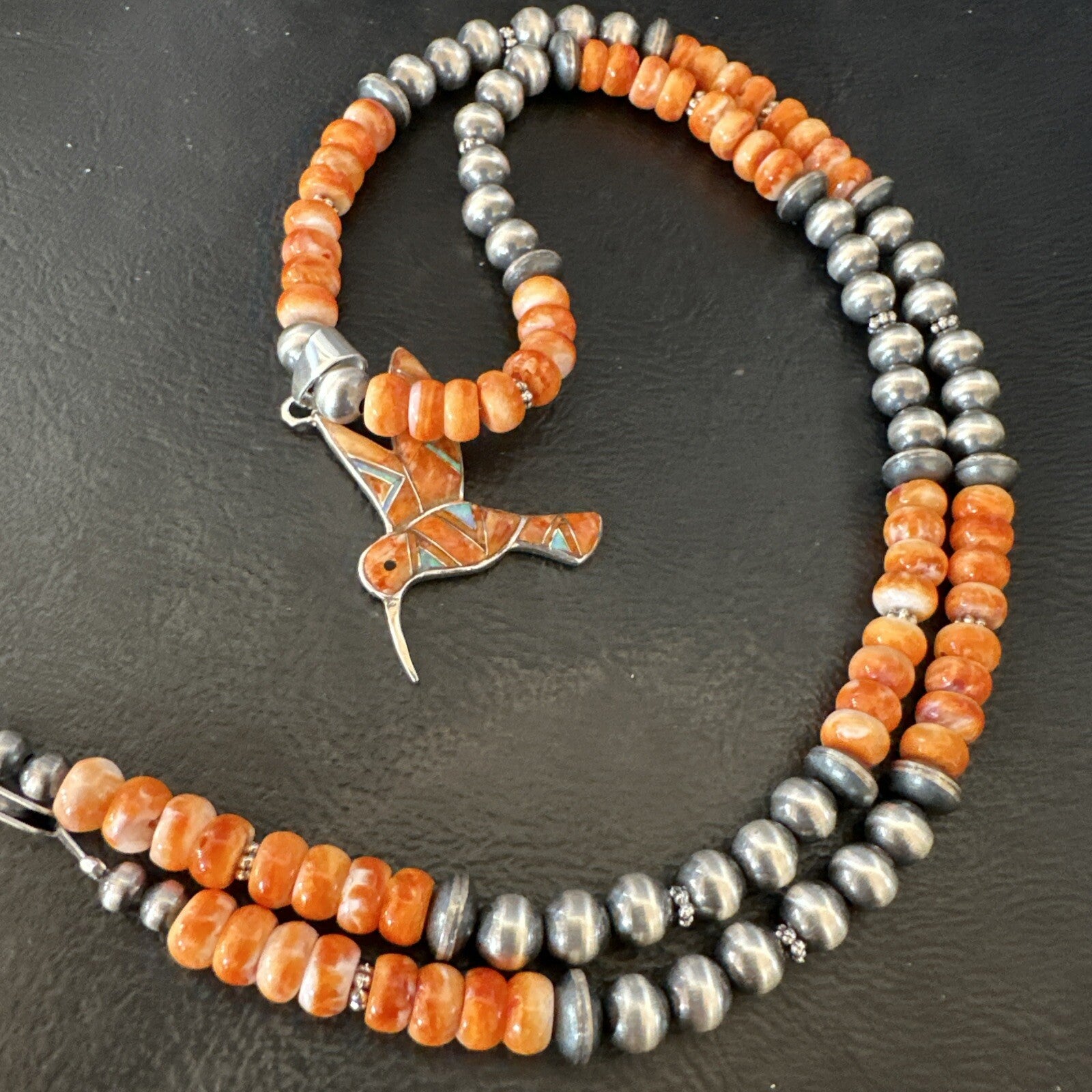 HummingBird Orange Spiny Oyster Opal Sterling Silver Necklace Pendant 18675