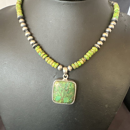 Womens Green Gaspeite Turquoise Pendant Navajo Sterling Silver Necklace 18368