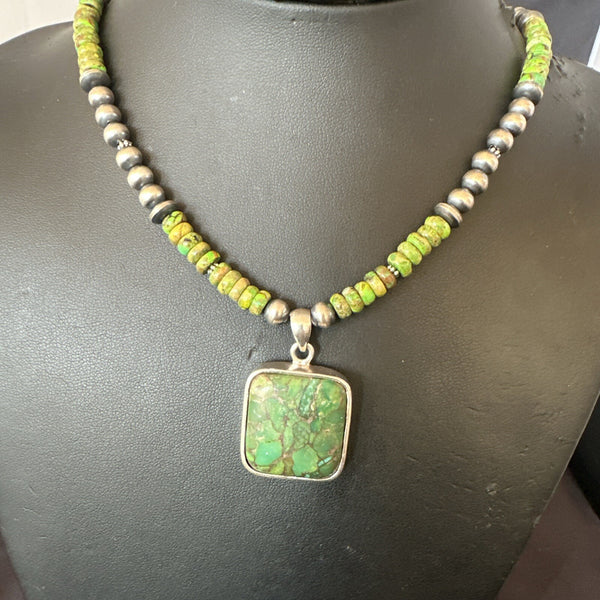 Women's Green Gaspeite Turquoise Pendant Navajo Necklace | Sterling Silver | Authentic Native American Handmade | 18368