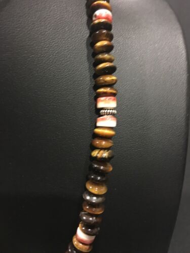 Mens Tiger Eye & Spiny Oyster Navajo Pearls Sterling Silver Necklace 19” 03340
