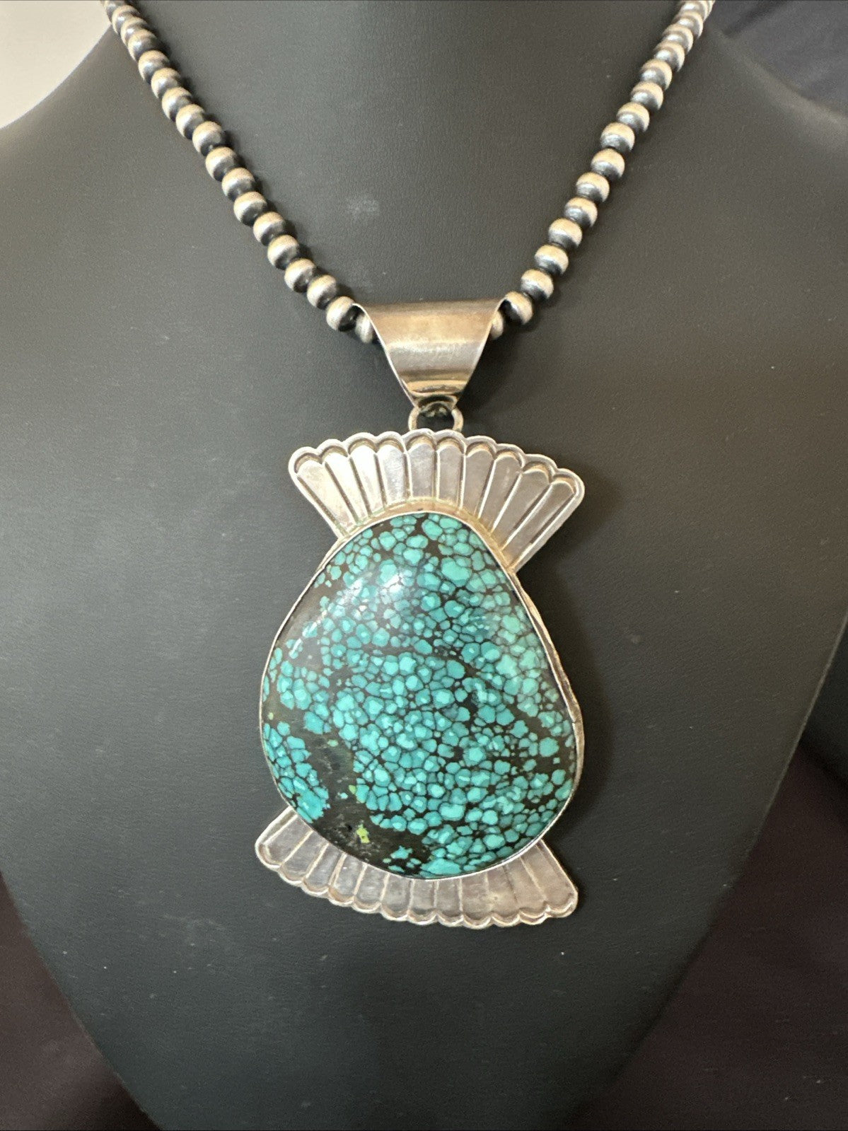WoMens Blue Spiderweb Turquoise Pendant Navajo Sterling Silver Necklace 19299