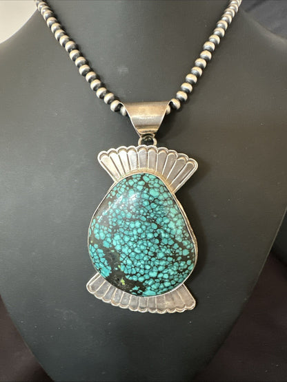 WoMens Blue Spiderweb Turquoise Pendant Navajo Sterling Silver Necklace 19299