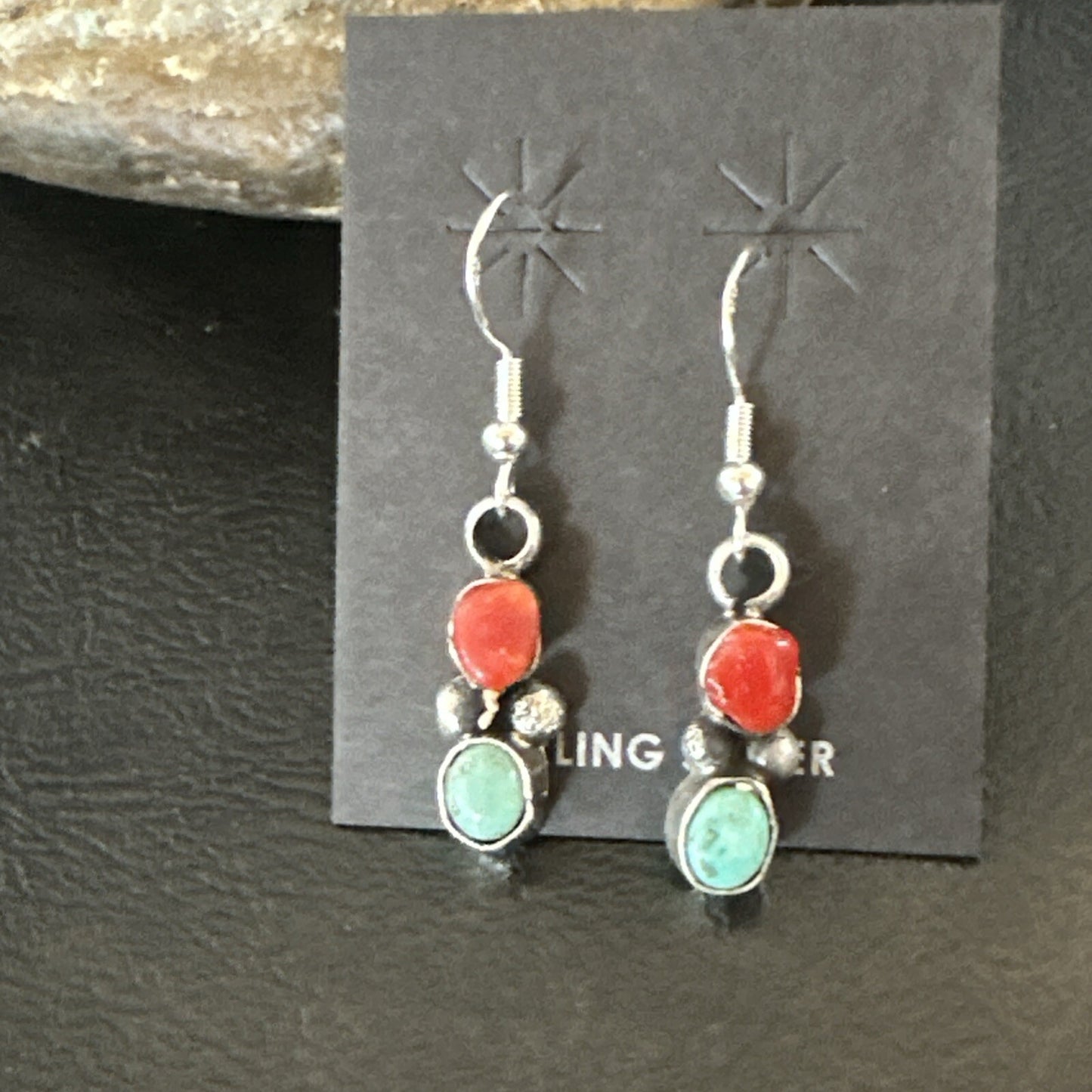 Handmade Blue Turquoise Red Coral Sterling Silver Navajo Dangle Earrings 18841