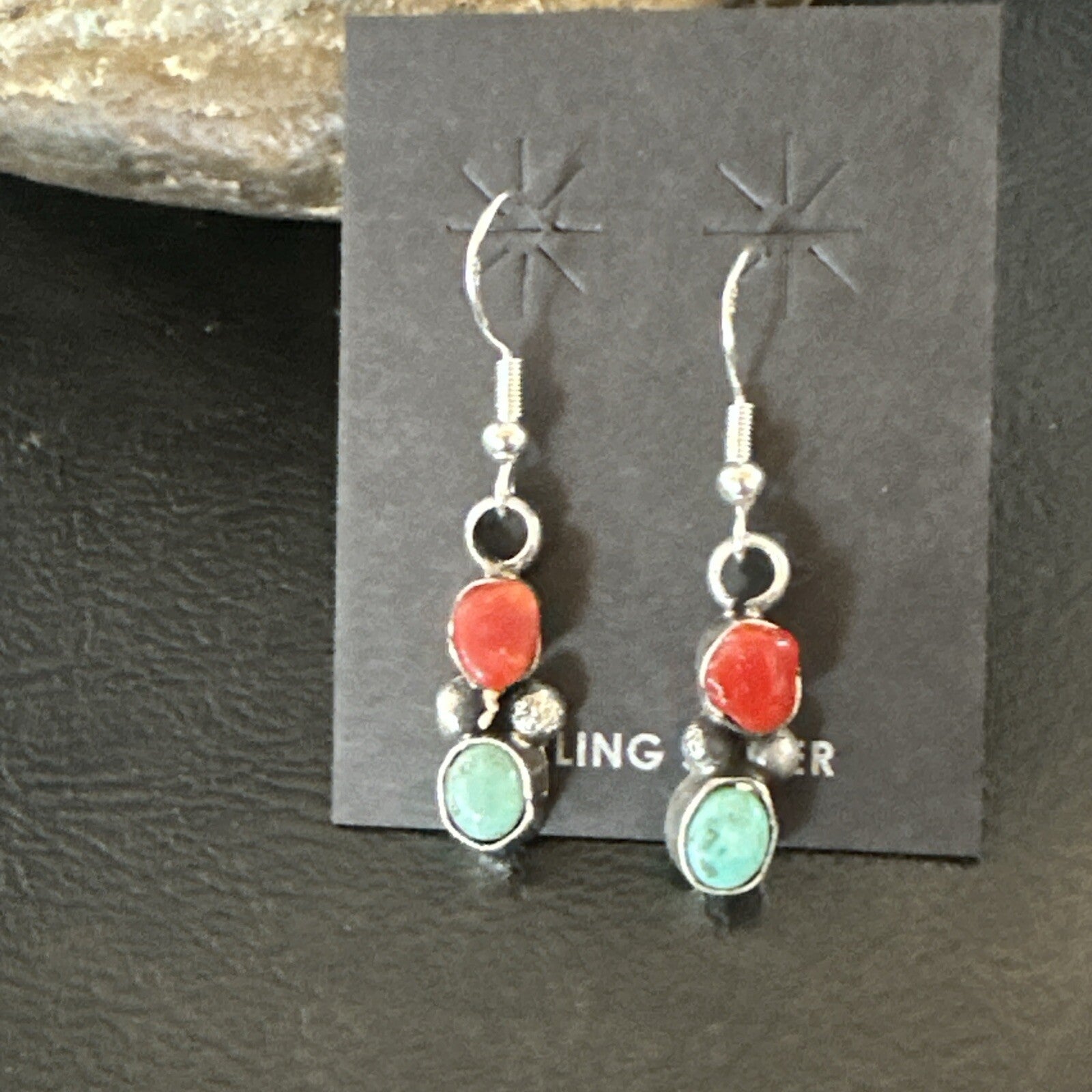 Handmade Blue Turquoise Red Coral Sterling Silver Navajo Dangle Earrings 18841